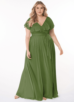 Azazie Jael Robes de demoiselle d'honneur Robe Trapèze en Maille Col en V Olive image7