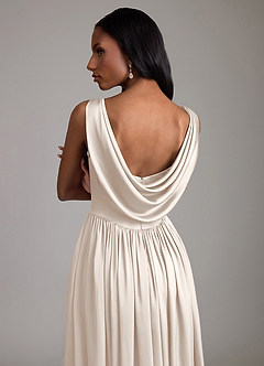 Azazie Novi Vestidos de damas de honor Vestido Alabastro Blanco de Satén Elástico de Línea A con con bolsillos image4