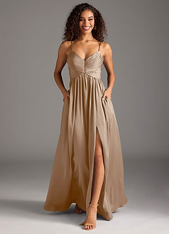 Azazie Alia Bridesmaid Dresses Taupe A-Line Pleated Stretch Satin Dress image5