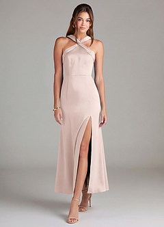 Azazie Rue Bridesmaid Dresses Blushing Pink Mermaid Pleated Stretch Satin Dress image3