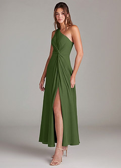 Azazie Brooke Abiti da Damigella Abito A-Line in Chiffon Monospalla Oliva image3