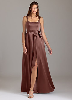 Azazie Elliott Bridesmaid Dresses Espresso A-Line with Pockets Stretch Satin Dress image5