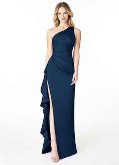 Azazie Latrice Bridesmaid Dresses Dark Navy Sheath One Shoulder Cascading Ruffles Stretch Satin Dress image1