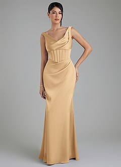 Azazie Spencer Bridesmaid Dresses Gold Mermaid Pleated Stretch Satin Dress image1