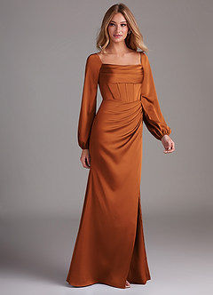 Azazie Charissa Bridesmaid Dresses Cinnamon Sheath Long Sleeve Stretch Satin Dress image6