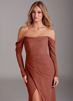 Azazie Hallie Brautjungfernkleider Meerjungfrau-Linie Langarm Chiffon Kleid Rotbraun image5
