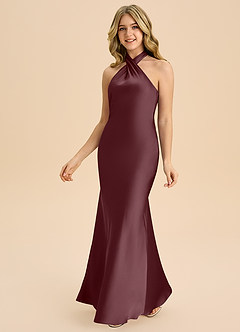 Azazie Chickie Junior Sangria Sheath Pleated Stretch Satin Dress image5