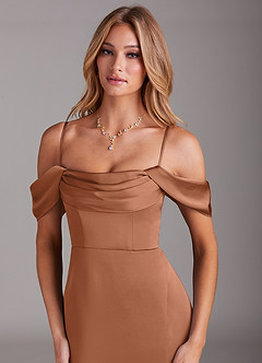 Azazie Saige Bridesmaid Dresses Bronzer Mermaid Off the Shoulder Stretch Satin Dress image2