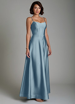 Azazie Nona Bridesmaid Dresses Dusty Blue A-Line Pleated Stretch Satin Dress image5