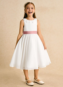 Azazie Dani Robe Demoiselle D'honneur Fillette Robe Trapèze en Mousseline de soie Nœud Ivoire Rose Poussiéreux image6