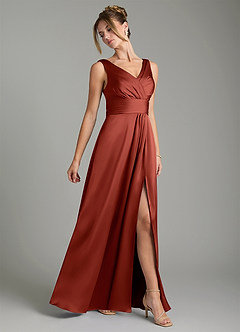 Azazie Karina Bridesmaid Dresses Terracotta A-Line Pleated Stretch Satin Dress image4