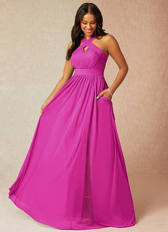 Azazie Hillian Vestidos de damas de honor Vestido de Fucsia de Malla de Corte en A con Halter Plisado image1