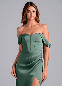 Azazie Asha Bridesmaid Dresses Eucalyptus Sheath Off the Shoulder Stretch Satin Convertible Dress image5