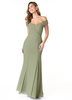 Azazie Lecia Jurken voor bruidsmeisjes Converteerbaar Jurk van Chiffon met rijk Off-the-shoulder geplooid Pistache image1
