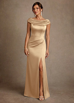 Azazie Irvine Mother of the Bride Dresses Champagne A-Line Pleated Stretch Satin Dress image3