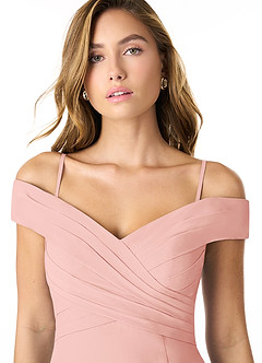 Azazie Lecia Bridesmaid Dresses Rosette Empire Off-The-Shoulder Pleated Chiffon Convertible Dress image2