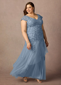 Azazie Romy vestidos de madre de la novia Vestido de Azul Polvoriento de Tul de Sirena con Cuello en V Lentejuelas image10