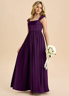 Azazie Hattie Junior Abito A-Line in Raso Elasticizzato Plissettato Uva image6