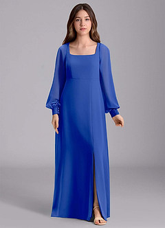 Azazie Bondi Junior Royal Blue A-Line Blouson Chiffon Dress image7