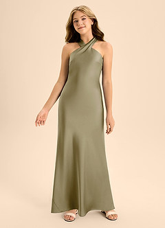 Azazie Doretta Junior Moss Green A-Line Pleated Stretch Satin Dress image4