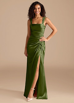 Azazie Jesaphine Bridesmaid Dresses Olive Sheath Bow Metallic Satin Dress image3