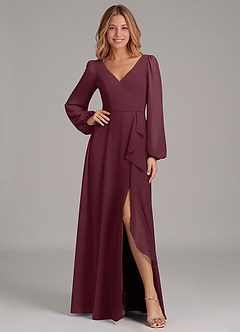 Azazie Simone Bridesmaid Dresses Cabernet A-Line Long Sleeve Chiffon Dress image1
