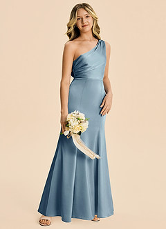 Azazie Ren Junior Robe Trapèze en Satin extensible Plissé Bleu Poussiéreux image3