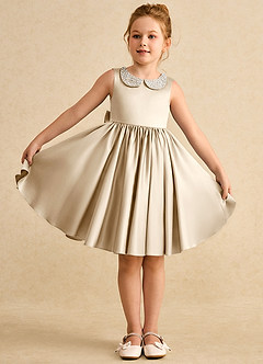 Azazie Chickpea Flower Girl Dresses Champagne A-Line Bow Matte Satin Dress image4