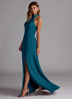Azazie Myra Robes de demoiselle d'honneur Robe Trapèze en Satin extensible Fente Latérale Bleu Encre image5