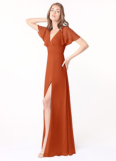 Azazie Kimber Robes de demoiselle d'honneur Robe Trapèze en Mousseline de soie Manches à volants Orange Brûlée image3