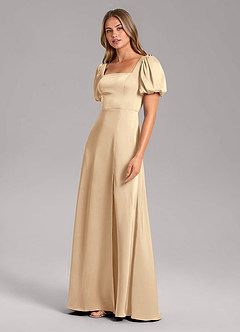Azazie Fyona Bridesmaid Dresses Champagne A-Line Pleated Stretch Satin Dress image4