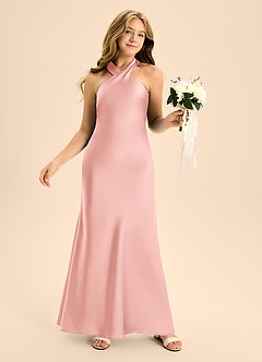 Azazie Doretta Junior Powder Pink A-Line Pleated Stretch Satin Dress image5