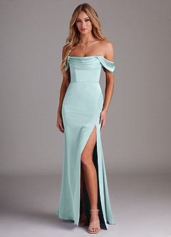 Azazie Saige Bridesmaid Dresses Sea Glass Sheath Off the Shoulder Stretch Satin Dress image1