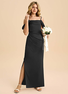 Azazie Saige Junior Black Sheath Off the Shoulder Stretch Satin Dress image4