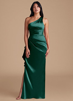 Azazie Latrice Bridesmaid Dresses Pine Sheath One Shoulder Metallic Satin Dress image2