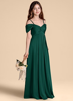 Azazie Kaitlynn Junior Emerald A-Line Off the Shoulder Stretch Satin Dress image5