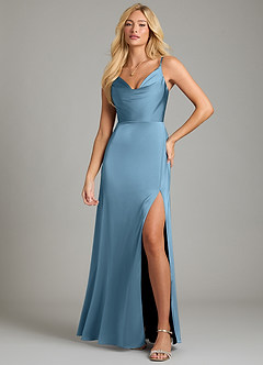 Azazie Sarella Vestidos de damas de honor Vestido de Azul Acero de Satén Elástico de Corte en A con Plisado image4