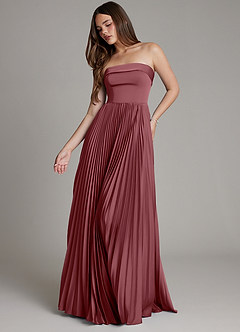 Azazie Mariana Robes de demoiselle d'honneur Robe Trapèze en Satin extensible Plissé Rose Du Désert image1