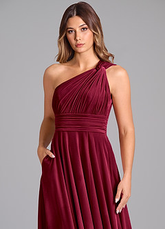 Azazie Charlize Bridesmaid Dresses Burgundy A-Line One Shoulder Velvet Dress image6