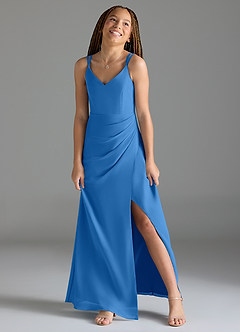 Azazie Leo Junior Abito Sirena in Chiffon Plissettato Blue Jay image4