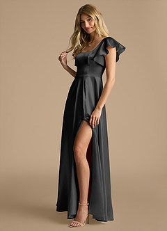 Azazie Bondi Vestidos de damas de honor Vestido de Negro de Satén Metálico de Corte en A con Lazo image7