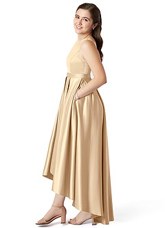Azazie Inaya Junior Robe Trapèze en Satin extensible avec ceinture Champagne image3