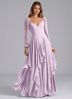 Azazie Karan Bridesmaid Dresses Frosted Lilac A-Line Long Sleeve Chiffon Dress image1