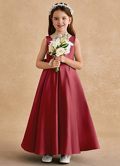 Azazie Honey Bear Flower Girl Dresses Pomegranate A-Line Pleated Matte Satin Dress image3