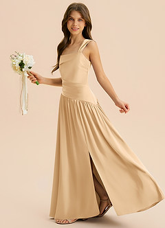 Azazie Dotty Junior Vestido Ouro de Cetim elástico de Linha A com Plissado image5