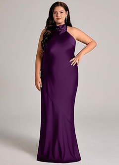 Azazie Velli Vestidos de damas de honor Vestido de Uva de Satén Elástico de Corte Sirena con Cuello Alto image6