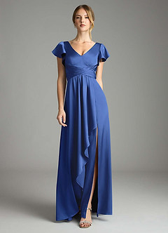 Azazie Omari Robes de demoiselle d'honneur Robe Trapèze en Satin extensible Bleu Roi image3