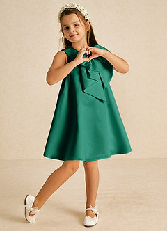Azazie Zoey Blumenmädchenkleider A-Linie Schleifen Matte Satin Kleid Smaragd image4