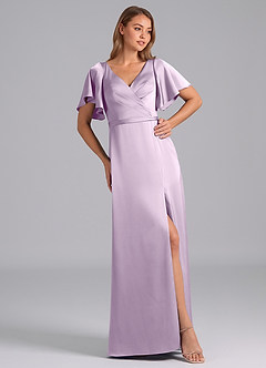 Azazie Ambrosia Bridesmaid Dresses Frosted Lilac A-Line Pleated Stretch Satin Dress image4
