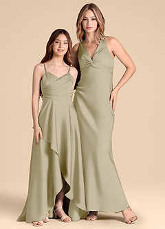 Azazie Prisha Junior Abito A-Line in Raso Elasticizzato Plissettato Verde Muschio image3